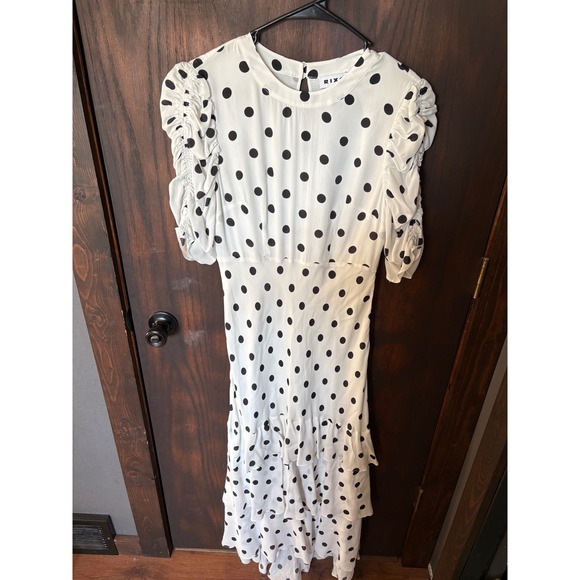 RIXO London Polka Dot Tiered Maxi Dress White Black Puff Sleeve Size US 6 UK 10 - Picture 5 of 11